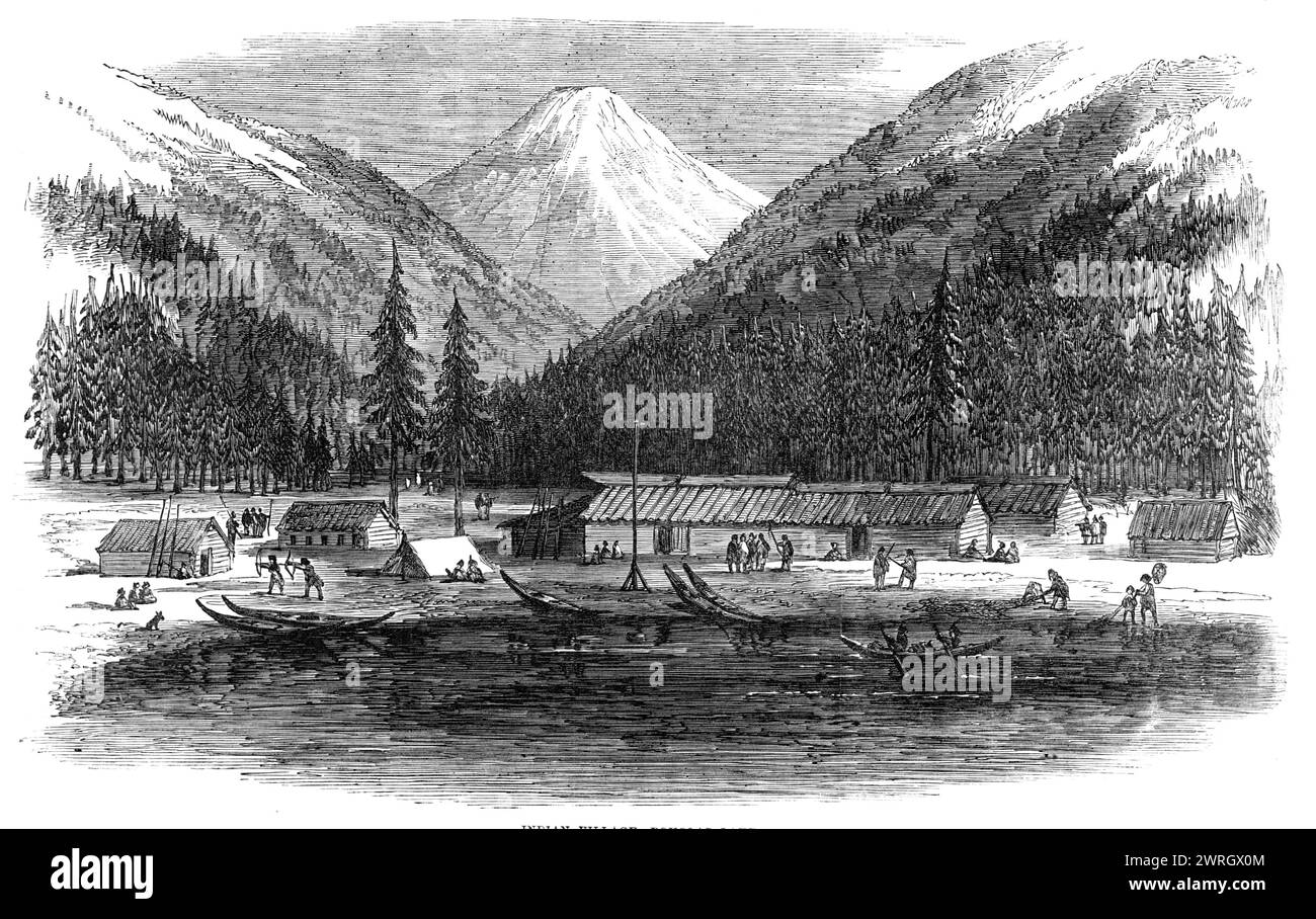 Sketches in British Columbia: Indian village, Douglas Lake, 1864. Village '...inhabited by 200 or 300 people of the Quit-Squaws tribe, who, like all those to be met with on this route, are peaceable, intelligent, and industrious, often rendering great assistance to the traveller by carrying his baggage over the land portages. During certain seasons of the year many of these Indians are employed to convey freight up the Lilloett river, which for twenty-nine miles runs parallel with the Douglas waggon-road. Its navigation would be extremely dangerous, but the Indian, having from infancy been tra Stock Photo