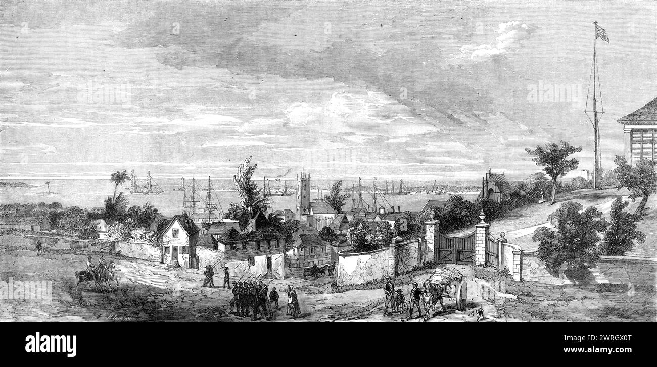 The town and port of Nassau, New Providence, Bahama Islands, 1864. Engraving from a sketch by an officer of the 1st West India Regiment. 'The Bahama Islands...derive a certain political importance from their position, more especially since the blockade of the Southern States by the Federal Army. The port...being at no great distance from the coast of Florida, and commanding the nearest entrance to the navigation of the Gulf of Mexico; with an easy run, moreover, to Bermuda...or to Wilmington, South Carolina...has become a great entrep&#xf4;t for the blockade-breaking trade...The large gate in Stock Photo