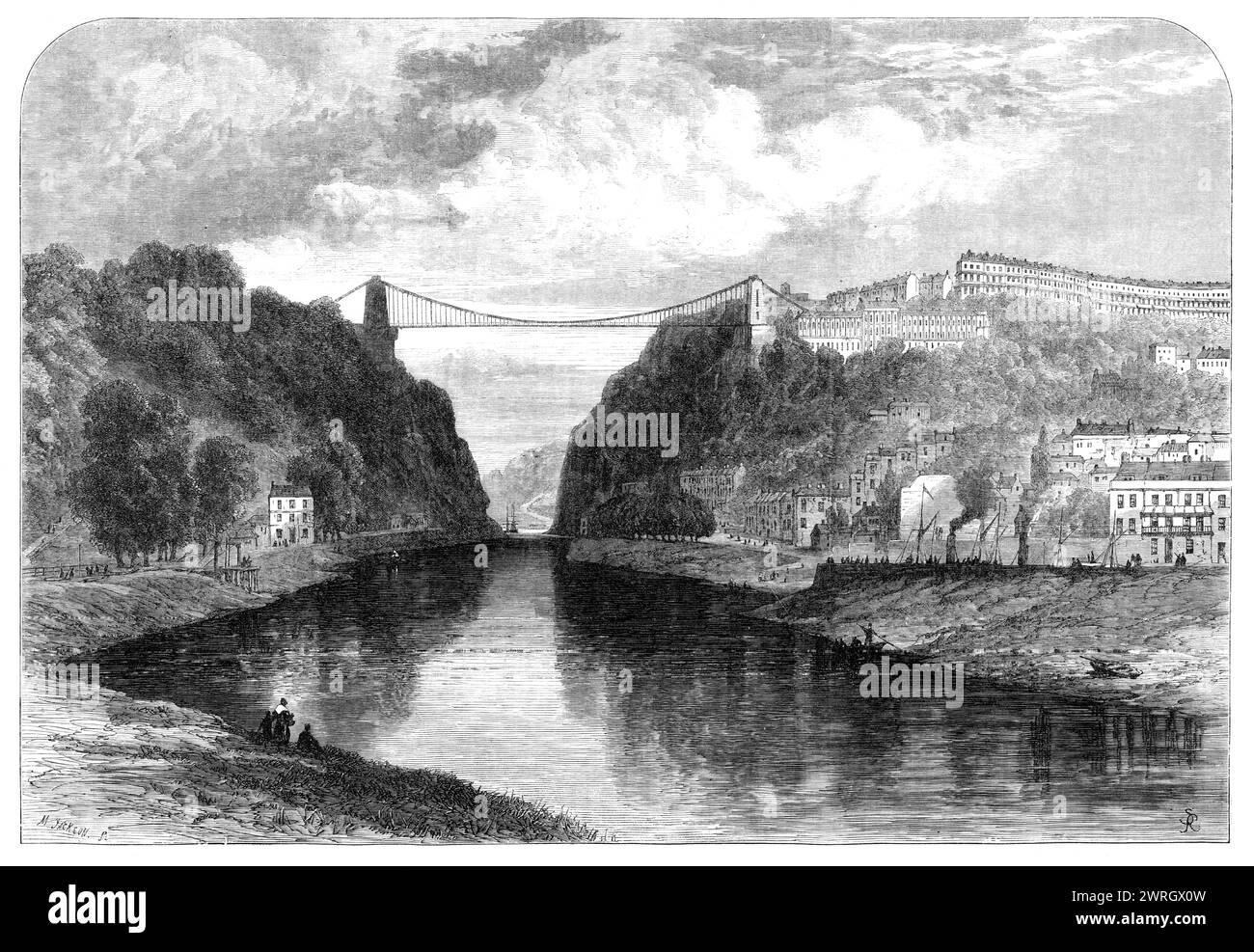 The suspension bridge over the Avon at Clifton, 1864. Bridge connecting Bristol and Clifton. 'Mr. Brunel's...estimate was &#xa3;57,000; but when &#xa3;45,000 had been spent only the towers had been built, and the work came to a stop. His design was a chain bridge of a single span of 700 ft., two chains passing over two towers, and being anchored deep in the limestone rocks behind them. In 1843 all the money was gone, and the scheme was in abeyance for want of funds...Mr. Brunel, as it happened, had been the engineer of Hungerford Bridge; and when, therefore, its chains had to be pulled down an Stock Photo