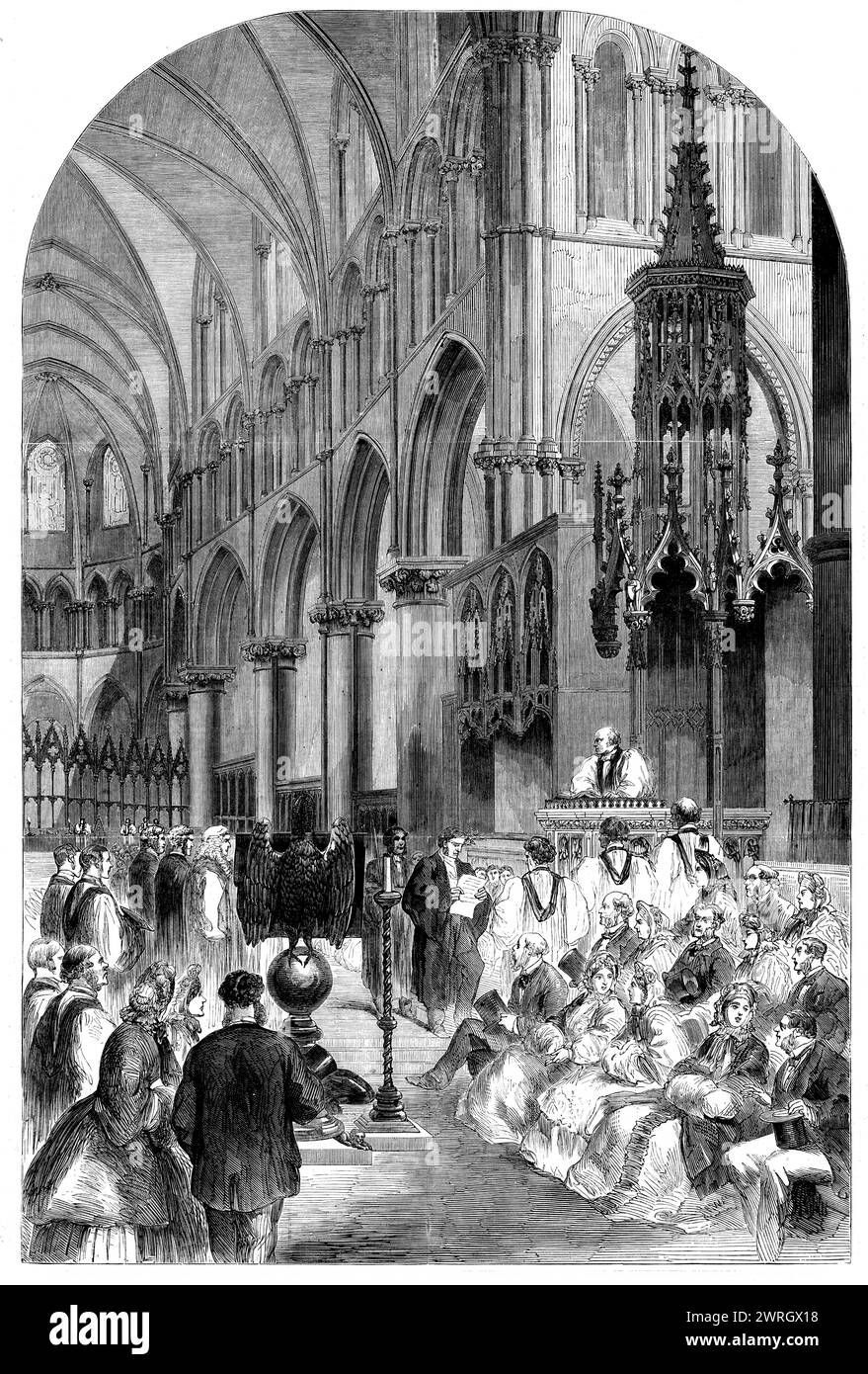 Enthronisation of the Most Rev. Dr. Charles Thomas Longley, Lord Archbishop of Canterbury, in the choir of Canterbury Cathedral, 1862. 'At the end of the first lesson Archdeacon Harrison went down from his stall and conducted the Archbishop to the throne, in which he caused him to sit, and formally inducted him into the archbishopric, reading the induction as follows: &quot;I, Benjamin Harrison, acting as deputy for James Croft, Master of Arts, Archdeacon of Canterbury, do induct, install, and enthrone you, the Most Reverend Father in God, Charles Thomas Longley, Doctor in Divinity, Lord Archb Stock Photo