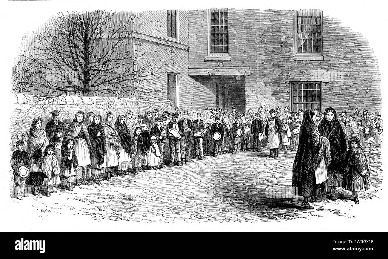 The Cotton Famine: operatives waiting for their breakfast in Mr. Chapman's courtyard, Mottram, near Manchester, 1862. Unemployed mill workers. Engraving of a photograph by Mr. Gothard. 'The distress in the cotton-manufacturing districts is not all evil. Like everything else in the world, it has its light as well as its dark side. The silver lining to this cloud is, of course, the vast amount of self-sacrificing charity which it has been the means of bringing to light, and which makes one's heart leap with joy in the midst of its sorrow for the distressed operatives. Look, for example, at the s Stock Photo