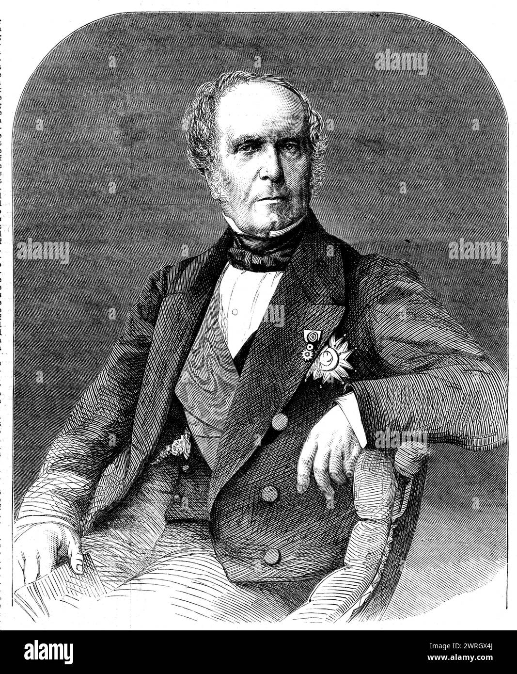 Baron Gros, the newly-appointed French Ambassador at the Court of St. James's, 1862. Engraving of a photograph by M. Alophe, photographer to the Emperor. In 1857, Baron Gros '...was sent to China...[as] Ambassador Extraordinary. There he cordially and most effectively supported Lord Elgin in the capture of Canton by the Allies, and governed that town for some time in concert with his Lordship. The single point of disagreement...was as to the policy of burning the Emperor of China's Summer Palace, to which the Baron was strongly opposed. In 1858, he signed, with the authorities of the Celestial Stock Photo