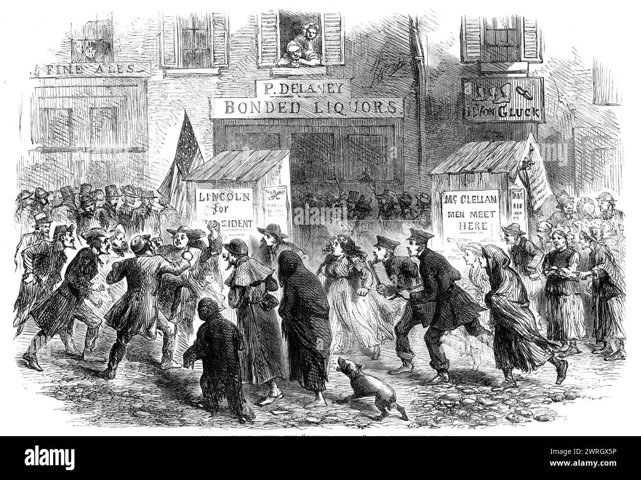 Election Day in New York: a polling-place among the &quot;Lower Twenty&quot;, 1864. Crowds at a polling station on 8 November, '...the day of the Presidential election, as well as of the State elections...[Scene] in the dirty and unwholesome districts of the city, where the hard-fisted classes chiefly make their abode. In this quarter, on the polling-day, the police were in strong force, and the liquor-shops were all closed - that is, the shutters of those dens of iniquity were up; but as the doors were open there was no difficulty in obtaining strong drink. All circumstances considered, howev Stock Photo