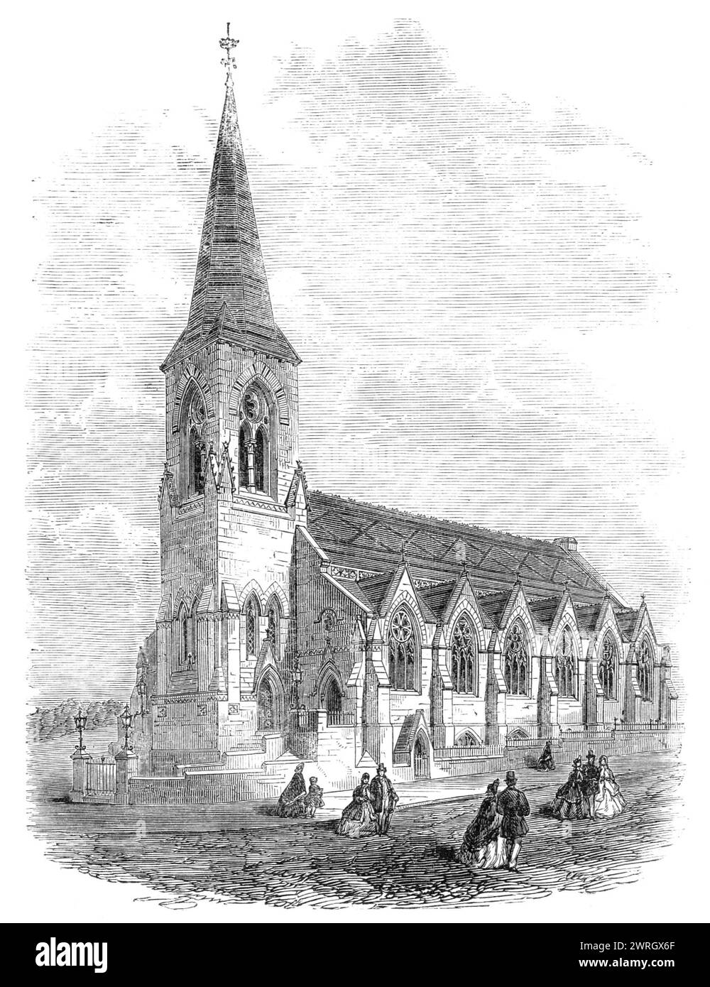 New congregational church at St. Leonards-on-Sea, 1864. 'The new Congregational Church at St. Leonards is a large building in the Early Gothic style...The exterior is adorned with a fine row of large Gothic traceried windows of different patterns, with gablets over each; and the roofs are covered with slates laid in patterns and bands of different colours. At the principal front is a lofty tower and slated spire. This is so placed as to be a very prominent feature from the principal road, and it is a very conspicuous object in the landscape, being visible from a considerable distance. The belf Stock Photo