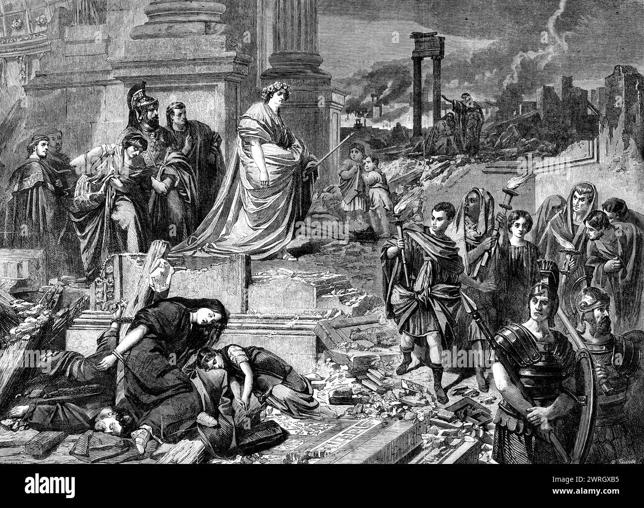 &quot;Nero after the Burning of Rome&quot;, by Carl Piloty, in the late International Exhibition, 1862. Engraving of a painting. '...the tyrant is represented stalking forth...to survey the desolation left by the flames, which still rage in the distance...he sweeps along without pity, horror, or remorse. Softly, like a prowling tiger, he treads over crumbling, tesselated pavement, and among fallen calcined capitals and architrave. There is a covert and furtive buoyancy in the bloated figure, which seems strangely belied by the rounded, unmanly, disproportionate arm hanging all so nerveless and Stock Photo