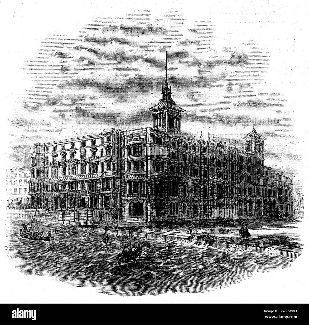 The Queen's Hotel, Hastings, 1862. 'This fine hotel, which has been some three or four years building, is now complete and in course of being finished. It stands, it will be seen, with its principal front on the parade, while the side front, on a different level and of a.different elevation, looks on a wide opening from the sea inland. Under the archway, in the centre of the side front, is the carriage-entrance, where visitors may alight under cover. Another grand entrance is the porch in the principal front; while families resident in the hotel who desire privacy can use a fine staircase and Stock Photo