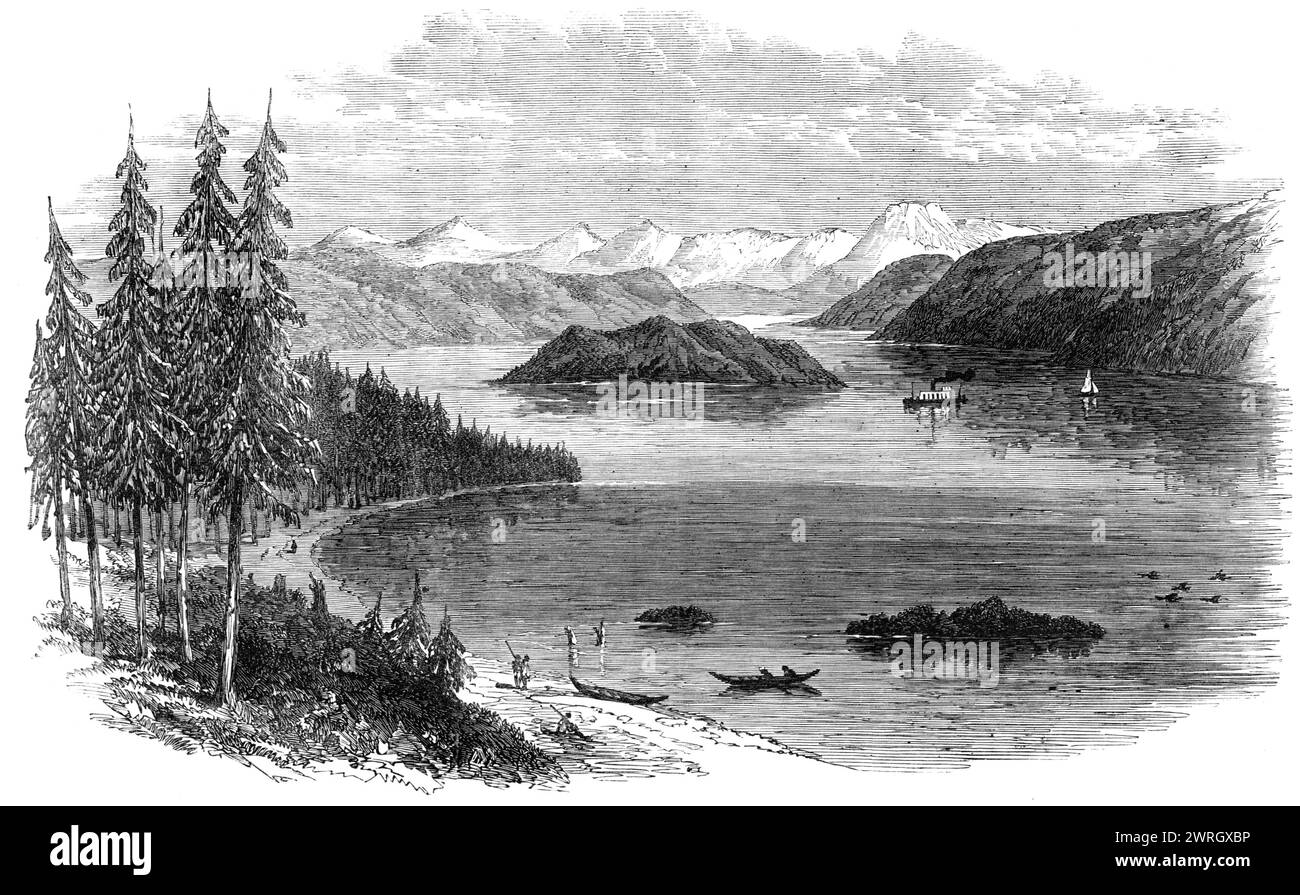 Sketches in British Columbia: Harrison Lake, with the Cascade Mountains in the distance, 1864. 'The View of Harrison Lake is taken from a small bay looking down that lake, about fifteen miles from Douglas. In the centre is an island eight miles in length, known as Long Island. In the distance are a portion of the Cascade Mountains and Mount Baker, an active volcano, situated in Washington Territory, which belongs to the United States. Both the shores of the lake and the islands are covered with rocks, amidst which is some stunted pine timber'. From &quot;Illustrated London News&quot;, 1864. Stock Photo