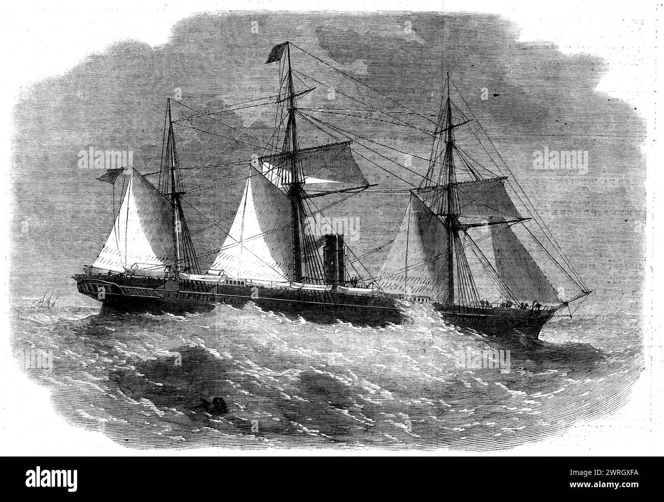 The Peninsular and Oriental Steam Company's new ship Poonah, 1862. 'This magnificent addition to the large and splendid fleet of this company was launched at the commencement of last month, and is now rapidly completing for sea. She is a vessel of the same class and character as those already in possession of the Peninsular and Oriental Company, with the addition of such improvements as the most advanced experience in the art of shipbuilding has been able to suggest. No effort has been spared to make the new vessel perfect as a ship, or to provide those conveniences which so much contribute to Stock Photo