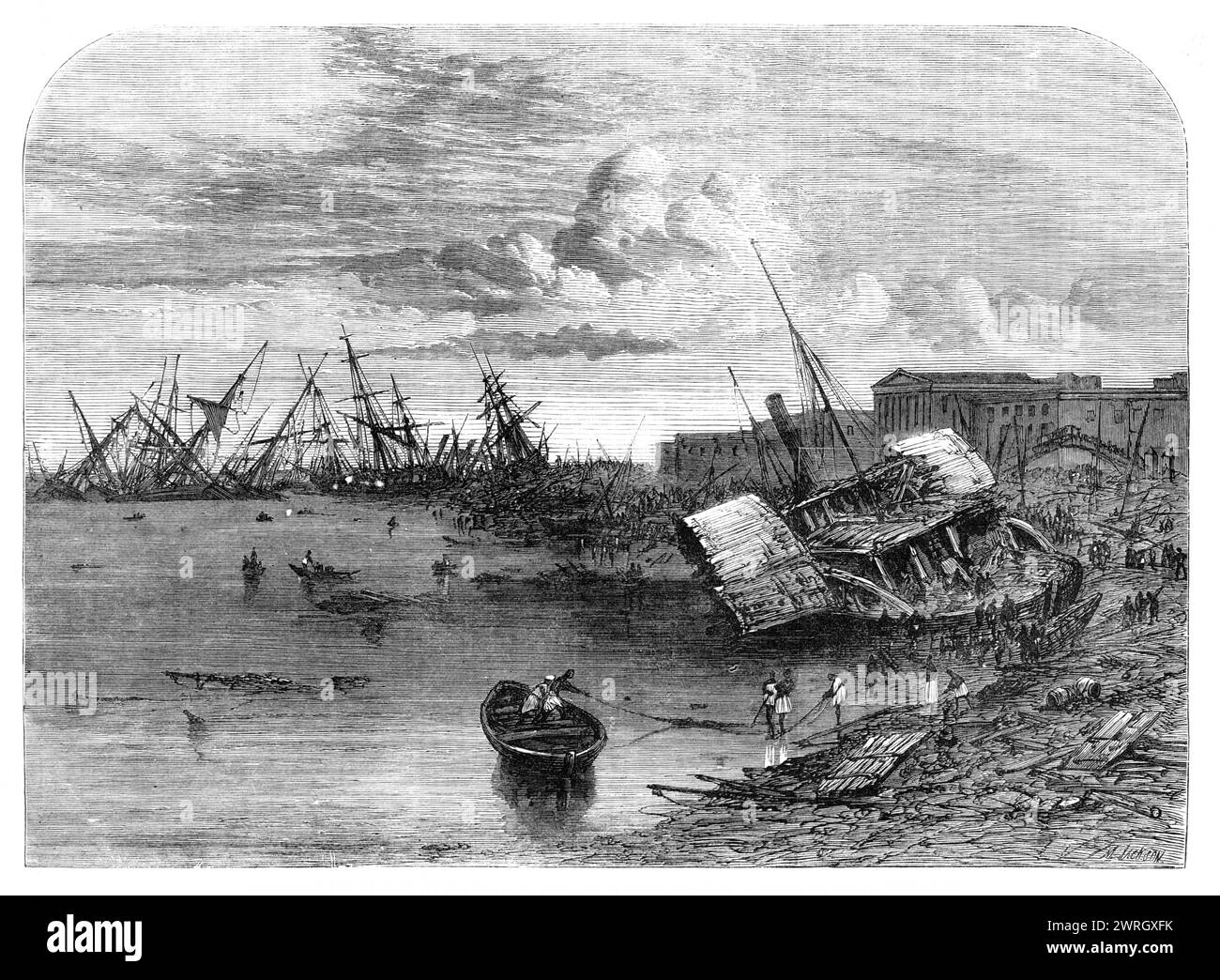 Effects of the cyclone at Calcutta on the 5th of October, 1864. Engraving from a photograph by Mr. F. Fisk Williams '...of the devastation on the banks of the River Hooghly...With a noise like distant thunder it came on in two or three minutes, tearing up trees by their roots, carrying off the roofs of the houses, overturning walls and buildings, and heaping up masses of ruin...scarcely a house escaped without injury, while the native huts, especially in the suburbs, were almost all blown down...Of more than 200 ships it is said that only ten were left at their moorings after the storm, the re Stock Photo