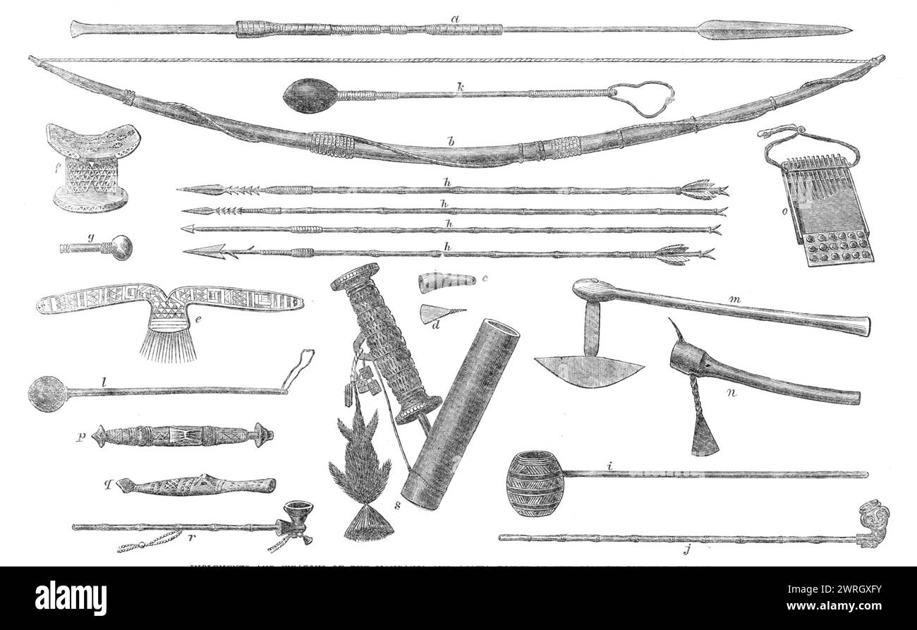 Implements and weapons of the Manganja and Ajawa tribes of the Zambesi Country, in Africa, 1864. 'Mr. Waghorn has...permitted us to make drawings of his collection of tools and weapons commonly used by this interesting people, for whose redemption from a state of heathen barbarism such costly and laborious efforts have been lately made...It is only requisite...to give a catalogue of the various...utensils and weapons of these African savages: a) Asegai, or lance, of iron, strongly coiled round the handle; b) Ajawa bow; c) Horn, for cupping; d) Lancet; e) Comb worn by the women in their dances; Stock Photo