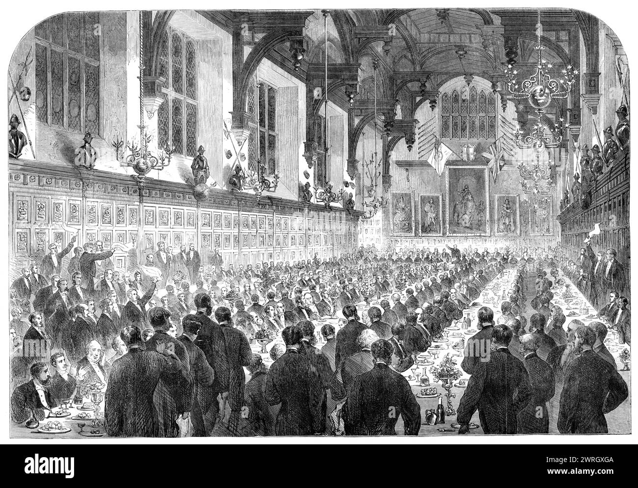 The banquet given to M. Berryer in the Middle Temple Hall [in London] by the members of the English Bar, 1864. 'We give an Illustration of the festive scene in the Middle Tempie Hall, on the evening of Tuesday week, upon the occasion of the banquet in honour of M. Berryer, the illustrious French advocate and statesman. More than 400 gentlemen sat down to table...After the usual loyal toasts the health of the Emperor of the French was proposed, and then came the toast of the evening, the health of M. Berryer, who was commended by the chairman not only as the greatest living master of French elo Stock Photo