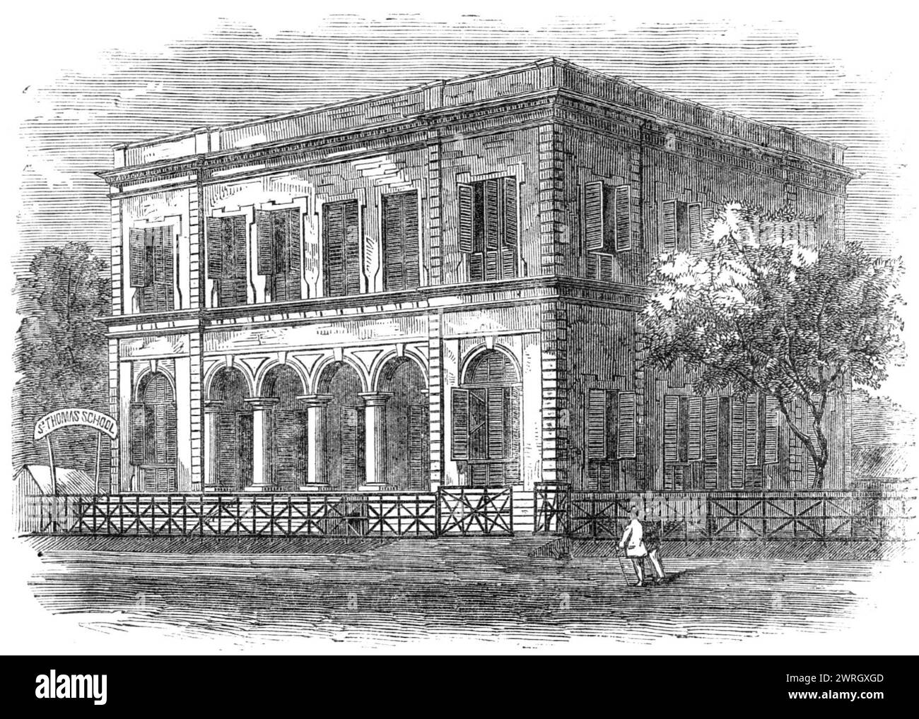 St. Thomas's School, Howrah, Calcutta, 1864. '...the Anglo-Indian population of Howrah has been variously estimated at from 800 to 1000. It is the custom in India for the higher classes of the civil and military officers of Government, as well as for the more wealthy members of the mercantile community, to send their children to England for education as soon as they are of a proper age; but, as this system is a highly expensive one, it is evident that the middle and lower classes of English and East Indian parents must have their children educated in India, if at all...[The school,] which was Stock Photo