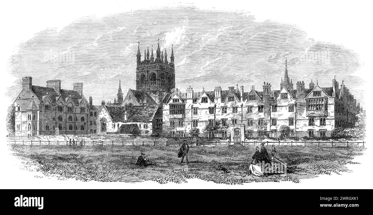 General view of Merton College, Oxford, 1864. 'Among the centenary celebrations held in the present year, that of Merton College, founded six hundred years since, is not the least interesting...The reader who is acquainted with the college annals will be reminded by its pinnacled tower and its famous library that this was the earliest home of science of a decidedly English school; and that for two centuries there was no other foundation, either in Oxford or Paris, which could at all come near it in the cultivation of the sciences...Throughout its long existence the architectural plan of the co Stock Photo