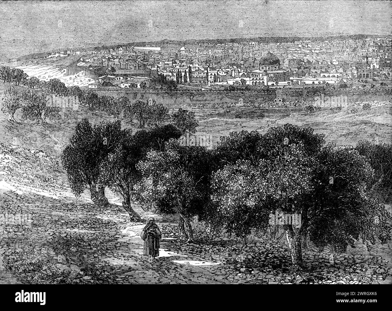 Jerusalem from the Mount of Olives - from a photograph by Mr. F. Bedford, who accompanied the Prince of Wales in his tour in the east, 1862. 'Mr. Bedford was selected as in every way fitted for the post of Royal photographer...The morning which [he] had selected for his view of the city from that commanding position turned out very hazy - a gleaming, shimmering light playing in the air, and especially over the city, which he thought would be fatal to photographic operations; but he was agreeably surprised to find that, even in the first negative taken, the actual character of soft, Oriental ha Stock Photo