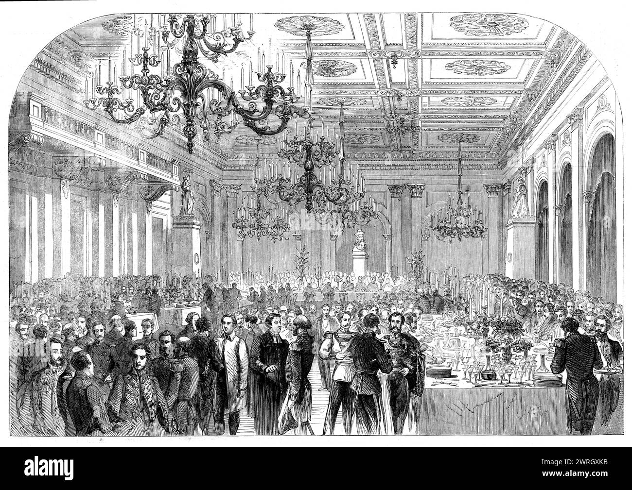 Banquet given at the Exchange, Gottenburg, on the occasion of opening the railway between Gottenburg to Stockholm - from a sketch by our special artist, 1862. '...there was a ball at the Exchange, attended by about 1500 ladies and gentlemen. On the following evening a banquet was served in the same grand saloon. The King [Charles XV of Sweden and Norway], Prince Oscar, Prince August, and all the high dignitaries of State being seated at the upper end of the room, the remaining guests, in number about 600, taking dinner at the other tables standing. This was succeeded by a concert in the theatr Stock Photo