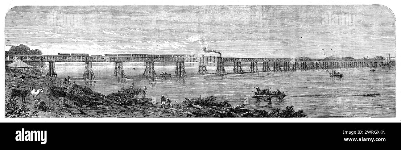 Viaduct over the Taptee, near Surat, for the Bombay, Baroda, and Central India Railway, 1862. 'This line, one of the most important of our Indian railways...is destined to carry to Bombay the produce of the teeming cotton-plains from which our finest Indian staple is procured...By employing Mitchell's hollow cast-iron piles...[the company's consulting engineer, Colonel Pitt Kennedy] at once overcame the most serious difficulty...Three of these piers of piles...having been firmly screwed home into the clay or shale...were filled with concrete, and formed the main supporting columns of the bridg Stock Photo