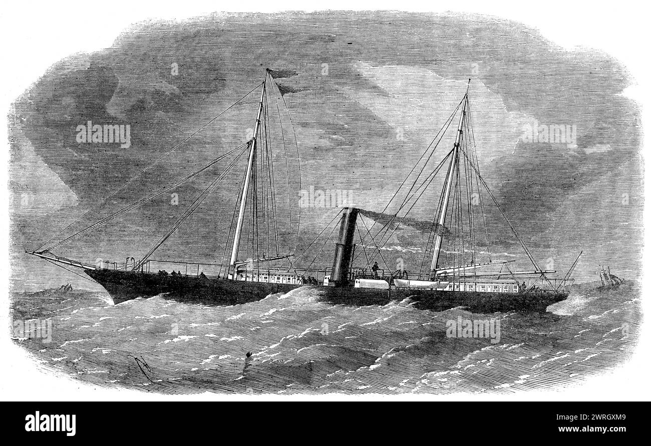 Dudgeon's new double-screw iron steam-ship Flora, 1862. 'A most important and interesting trial-trip has been made with this new vessel, attended with an unusual degree of interest...from the fact that the peculiar form of the vessel's construction and the disposition of her propelling steam-power, if successful on trial, combined the requisites required for our smaller ships of war...and smaller craft, as gun-vessels of six guns and less, inasmuch as she was the representative of a class of ship capable of carrying a heavy armament of guns, with a large engine-power, at a light draught of wat Stock Photo