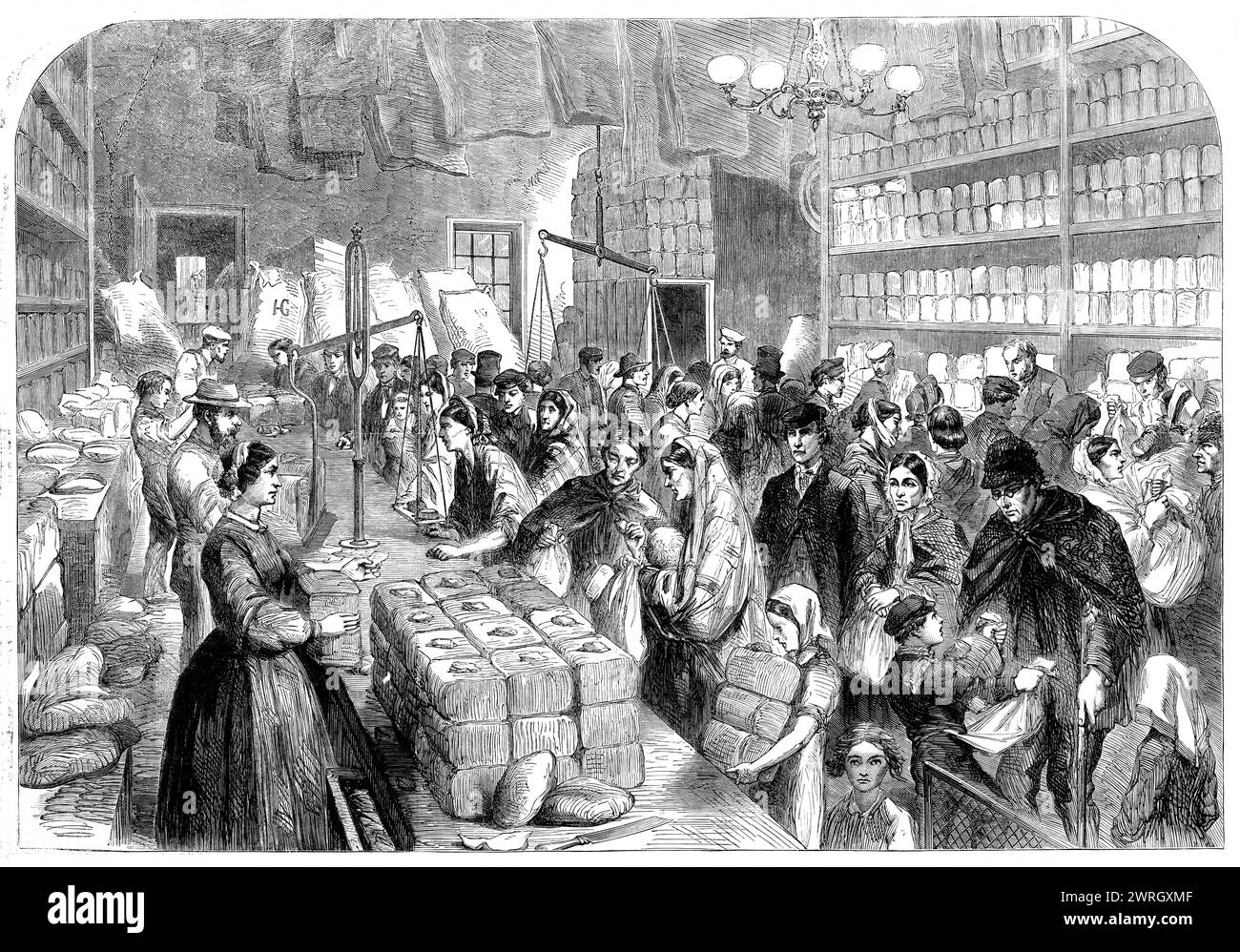 The Cotton Famine: provision-shop where goods are obtained for tickets issued by the Manchester and Salford Provident Society, 1862. Unemployment in Lancashire. 'Tickets for relief, according to the quantities ordered, are delivered by the secretary to the visitors, who carry them to the houses of the recipients, who are thus regularly revisited once a week. The number of cases, persons, and quantities of relief are added up, and the secretary of each ward reports the totals to the general committee at the next meeting, with the equivalent sum of money which he requires for the ensuing week. R Stock Photo