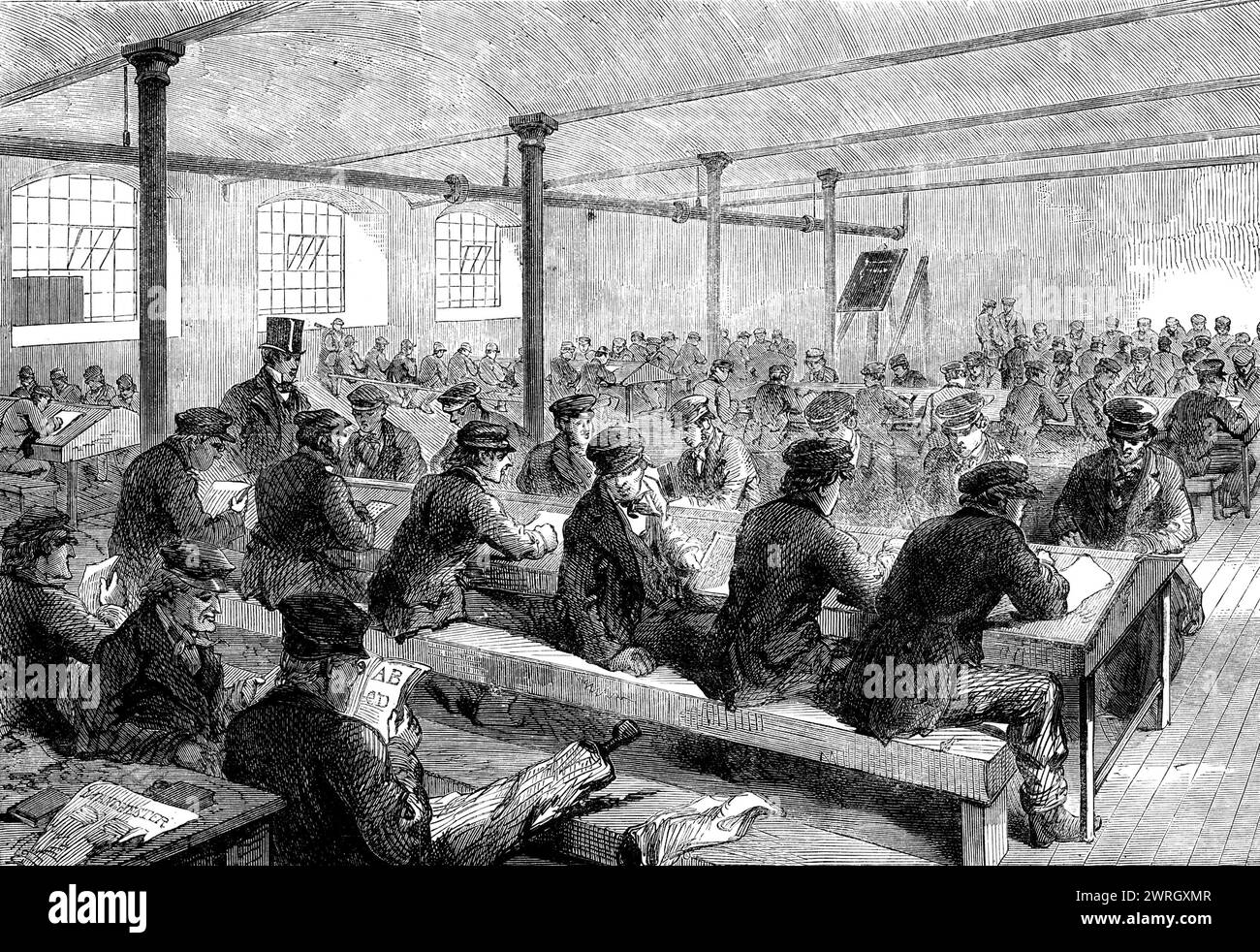 The Cotton Famine: school for mill operatives at Mr. Stirling's mill, Lower Mosley-street, Manchester, 1862. Literacy classes for unemployed Lancashire textiles workers. 'While speaking of Hulme, I must mention the institute for men, supported by the Township Relief Committee. An old mill with three floors has been lent for the purpose, where about 400 men are congregated to read and write from nine to six o'clock five days a week, under proper teachers. Two meals a day are provided for them on the foundation floor, while on the two others, supplied with tables and educational requisites, they Stock Photo