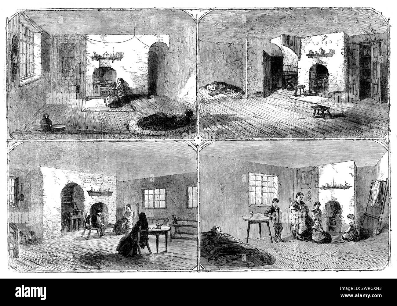 The Cotton Famine: dwellings of Manchester operatives, 1862. Starvation and destitution among unemployed Lancashire textiles workers. 'No. 18, Back Queen-street, Deansgate; 3, Tickle-street, Deansgate; No. 4, Thornton-court, Tickle-street; 13, Southern-street, Liverpool-road...The poor people cannot maintain themselves. They have exhausted all they had before ever a signal of distress was displayed. From comfortable dwellings most of them have removed to lodgings and lower-rented houses, where, divested of every scrap of furniture or bedding, they have been found, in many cases, too reduced to Stock Photo