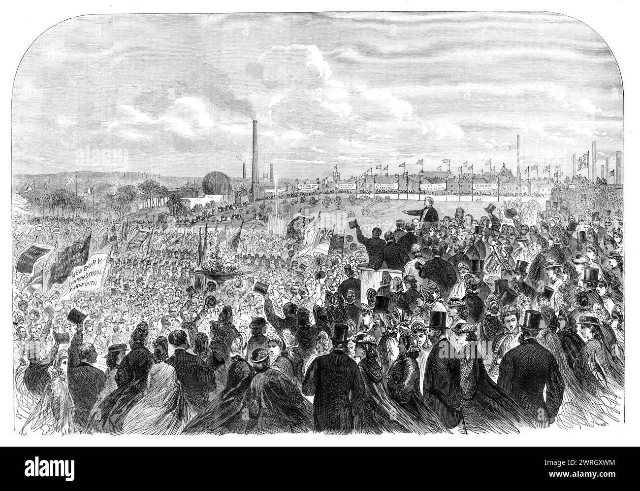The opening of the People's Park, Farnworth, near Bolton, Lancashire, 1864. Chancellor of the Exchequer and future prime minister William Ewart Gladstone speaking to the crowd. The banners read: 'The Working Man's Pleasure; The Rich &amp; Poor [?]; Welcome Gladstone; Health to the Donor; Enjoyment of the People'. Farnworth Park was given to the people of Farnworth to provide a welcome rest from the daily drudge of the mills or mines. From &quot;Illustrated London News&quot;, 1864. Stock Photo