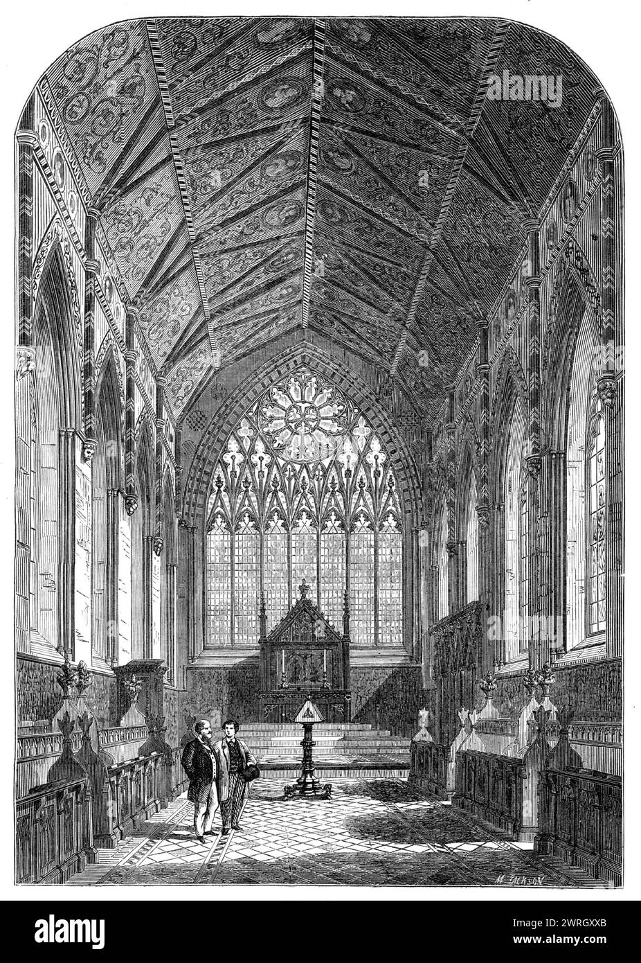 Views of Merton College, Oxford: the Chapel, 1864. 'The Chapel, a peculiar building of great beauty, being anciently the parish church of St. John the Baptist, continues to this day parochial as well as collegiate, according to the terms of its original appropriation to the society. The building consists of the choir, the transepts, and the tower, the latter originally intended to form the centre of a cross; but the nave and side aisles were never completed. Adjoining the church are the remains of the ancient Lady Chapel, St. Mary's, the old church. Though it was successively a chapel, or chan Stock Photo
