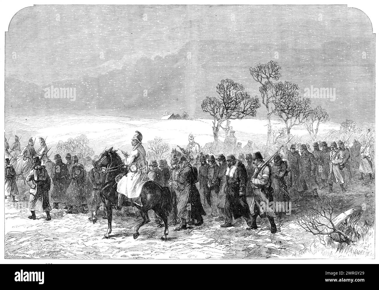 The War in Schleswig: Danish prisoners on the road to Rendsburg after the Battle of Over-Selk - from a sketch by our special artist, 1864. 'No exact account can be given of the Danish loss. Many dead and wounded were left upon the field, about 100 prisoners were brought in, and a gun was captured in the advance by the 18th Jager battalion...The country between Breckendorf and Over-Selk was of the bleakest and most inhospitable description...Hedges there were none, as the Danes had cut down what few there existed previously to their retreat. The villages and farmhouses are few in number and at Stock Photo
