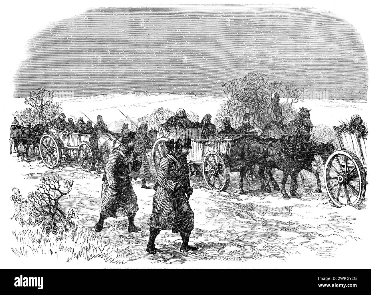 The War in Schleswig: wounded Austrians on the road to Rendsburg, after the battle of Over-Selk, 1864. 'Since Monday 15,000 Austrians and as many more Prussians have had to bivouac in the open air. The country between Breckendorf and Over-Selk was of the bleakest and most inhospitable description. For miles not a tree was to be seen. Hedges there were none, as the Danes had cut down what few there existed previously to their retreat. The villages and farmhouses are few in number and at wide distances from each other. The inhabitants of the farmhouses had all fled since the end of last week, an Stock Photo