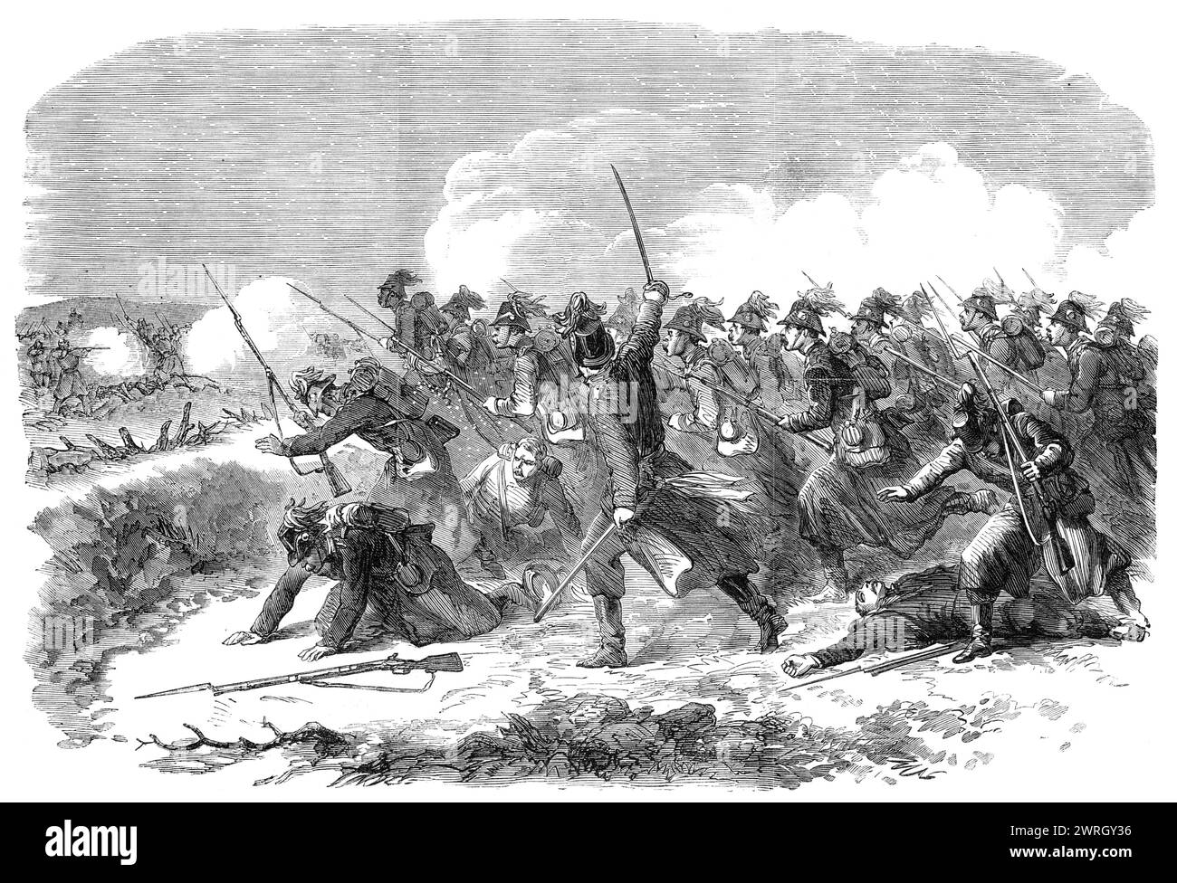 The War in Schleswig: the Battle of Over-Selk - from a sketch by our special artist, 1864. The Battle of K&#xf6;nigsh&#xfc;gel, also known as the Battle of Ober-Selk, was a battle in the Second Schleswig War where Austrian Major General Gondrecourt and his infantry brigade succeeded in occupying the area in front of the Danevirke near Ober-Selk and taking the strategically important village of K&#xf6;nigsh&#xfc;gel in Schleswig-Holstein. From &quot;Illustrated London News&quot;, 1864. Stock Photo