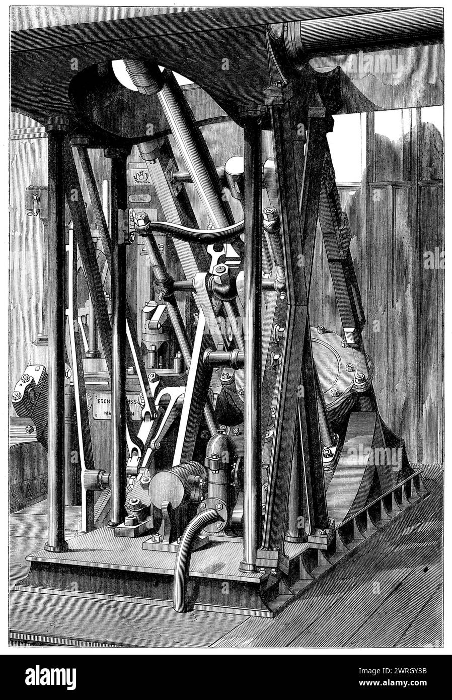 The International Exhibition: marine engine by Messrs. Escher, Wyss, and Co. of Zurich - from a photograph by the London Stereoscopic Company, 1862. Motive power for steamships. '...the engines were exhibited completely fitted, with the portion of the vessel that forms the engine-room: the main shaft is in place, with the paddle-wheels attached...[The] marine engines exhibited by Escher, Wyss, and Co., consist of a pair of compound cylinder engines, of 30-horse power, adapted to shallow navigation; these engines weigh, including water in the boilers, about 37&#xbd; tons; they are intended to b Stock Photo