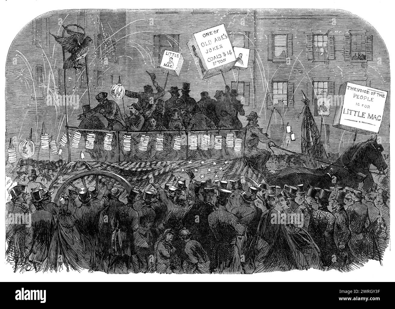 Presidential electioneering in New York: torchlight procession of the M'Clellan party, 1864. Engraving of a sketch by Mr. C. D. Shanly. '...there was another tremendous demonstration here in favour of M'Clellan and Pendleton for the presidency and vice-presidency of the United States, respectively...There was an endless torchlight procession of the M'Clellanites belonging to the several wards of the city; and the torches, every now and then, discharged globes of fire and showers of sparks into the air. All was a blaze of many-coloured light...Conspicuous in the procession were a number of larg Stock Photo