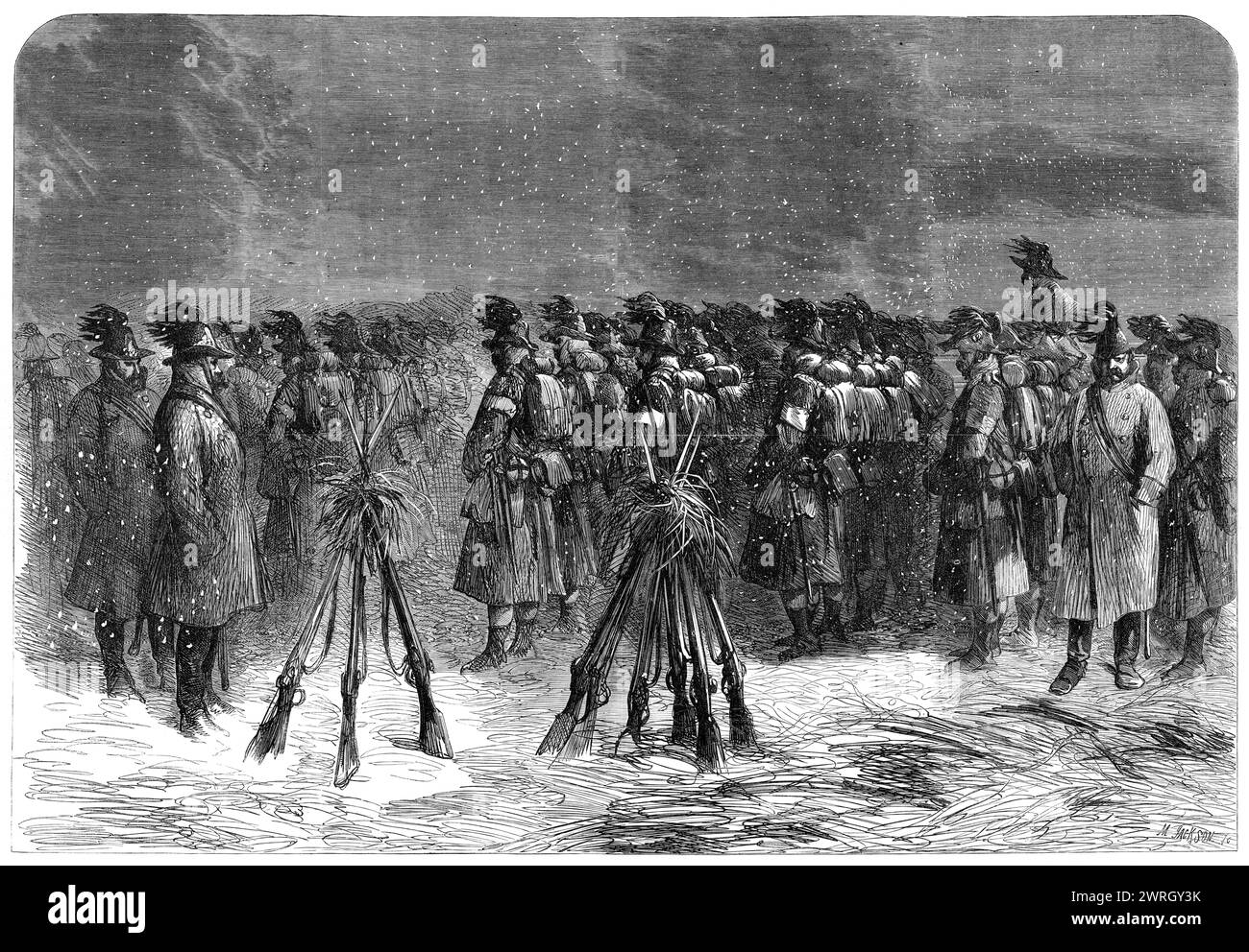 The War in Schleswig: Austrian camp in front of the Dannewerk: the 18th Bohemian Chasseurs in a snowstorm - from a sketch by our special artist, 1864. 'The country between Breckendorf and Over-Selk was of the bleakest and most inhospitable description...Hedges there were none, as the Danes had cut down what few there existed previously to their retreat. The villages and farmhouses are few in number and at wide distances from each other... The snow lay an inch and a half deep on the ground when we arrived, and the temperature was not a degree above zero. As we afterwards learnt from the officer Stock Photo
