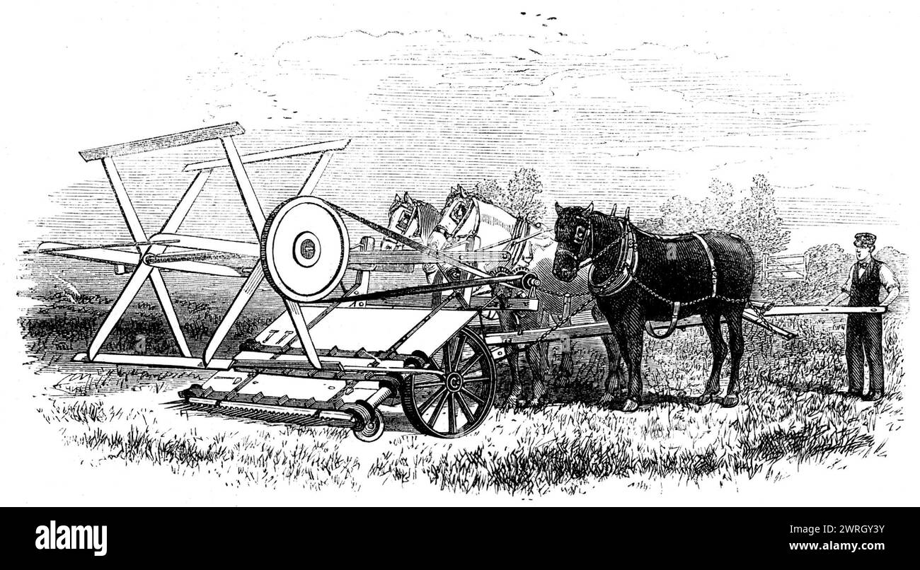 The International Exhibition: Crosskill's Bell's reaping-machine, 1862. '...Prize Corn-mowing Machine of the trustees of W. Crosskill, Beverley...Wherever there are no furrows...[this machine] works admirably and with considerable ease. In the crop it has a reciprocating and an advancing motion...it is propelled by three horses walking abreast immediately behind the platform, which rises obliquely from the knife-bar, and receives the corn as it falls upon it. This platform is carried upon four wheels...The corn, as it falls, is carried by four endless leather straps, which traverse the platfor Stock Photo