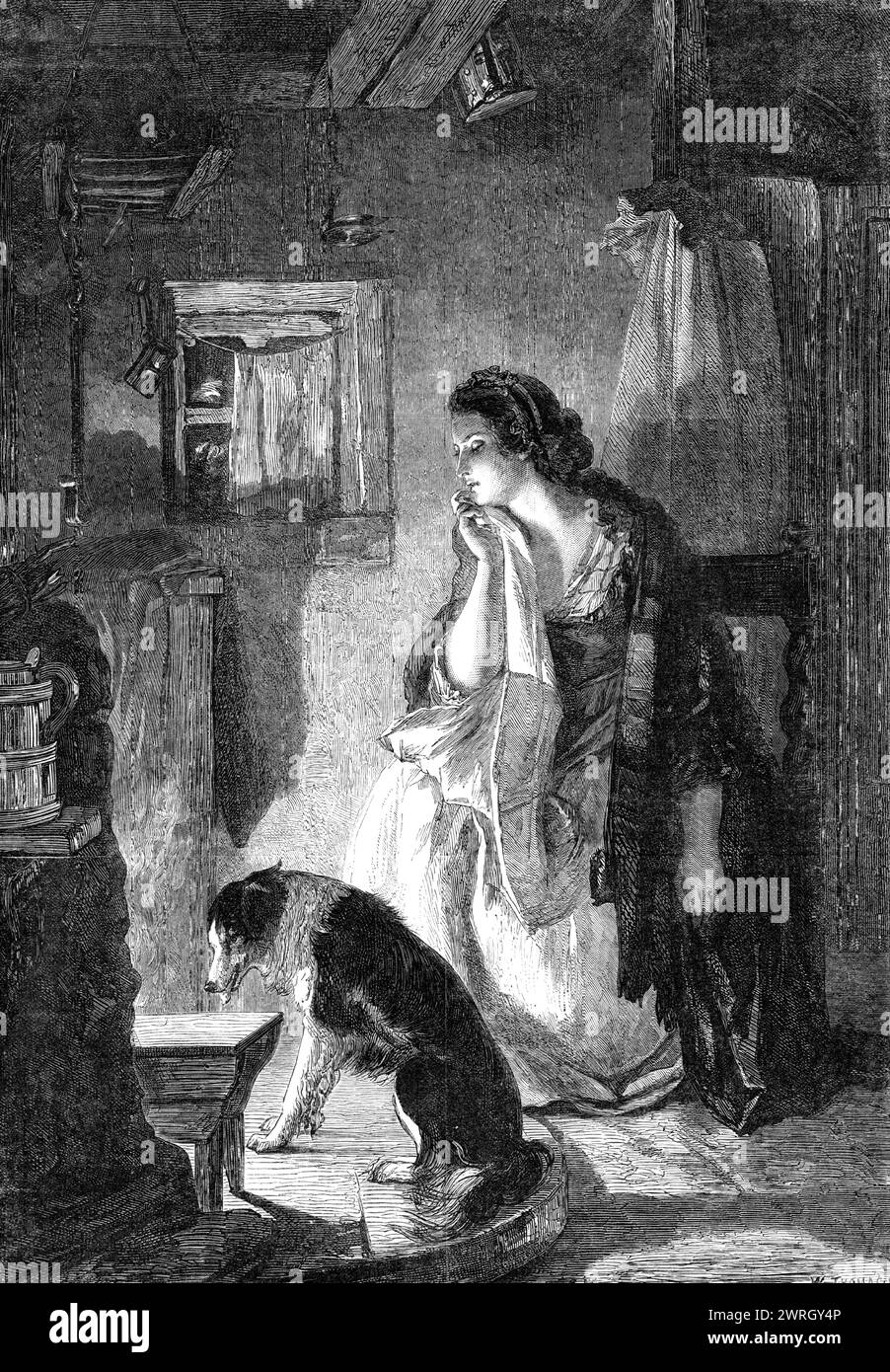 &quot;The Waefu' Heart&quot;, by T. Duncan, A.R.A., in the gallery of the South Kensington Museum, 1864. Engraving of a painting '...from the Sheepshanks' Collection of the South Kensington Museum [depicting] the Waefu' Wife sitting in the &quot;ingle nook&quot; before the fire in deep despondency, with a shepherd's collie dog as the only companion of her brooding solitude...In the opinion of Sir Walter Scott and many other competent judges, there is not in the language a more perfect, tender, and pathetic ballad or tale of humble life than that of &quot;Auld Robin Gray,&quot; which has suppli Stock Photo