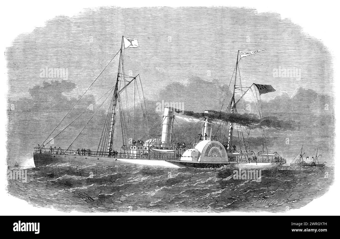 The Colonel Lamb blockade-runner, built at Liverpool, 1864. Engraving from a drawing by Mr. William Woods. '...an exciting race took place...between the paddle-wheel steam-boat Douglas...and the Colonel Lamb, a paddle-wheel steam-ship, from the yard of Messrs. Jones, Quiggin, and Co..., the largest steel ship that has yet been built...[but] which had never been tried at sea...[Built of steel, she] was supposed to be much more fragile than an iron vessel, whilst her great steam power was considered likely to shake a few of her rivets. The result, however, has proved that the Colonel Lamb is a s Stock Photo