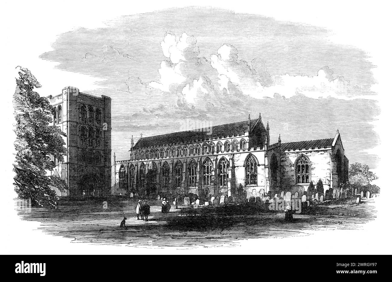 St. James's Church, Bury St. Edmunds, lately restored, 1864. Engraving from a photograph by Cundall and Downes. 'Mr. Gilbert Scott was consulted, and...[it] was decided to remove the galleries, which destroyed the beauty of the church at the west end and on the north side...The principal feature, however, of the restorations is the new and very beautiful oaken roof...The clerestory windows, six-and-thirty in number, have all been refilled with Messrs. Butler and Heaton's stained glass, and have a very beautiful appearance...As to the exterior of the church, the east and west gables have been c Stock Photo