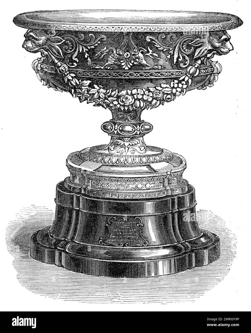 Vase presented to Lieutenant-Colonel Hamilton, of the 7th Lancashire Artillery Volunteers, 1864. 'On the 10th January an interesting gathering took place at Liverpool, on the occasion of the presentation of a testimonial to Colonel Hamilton by the non-commissioned officers and gunners of the 7th Lancashire Artillery Volunteers. The testimonial is a handsome massive silver vase, on an ebony stand, ornamented with wreaths of gold, and bearing the following inscription: &quot;Presented to Lieutenant-Colonel Hamilton by the non-commissioned officers and gunners of the 7th L. A. V., as an expressio Stock Photo