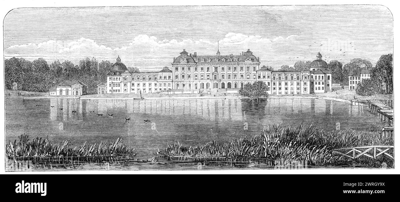Visit of the Prince and Princess of Wales to Sweden: Ulricksdal, residence of the King of Sweden, 1864. The future King Edward VII and Queen Alexandra in Scandinavia. View of the King of Sweden's '...favourite Castle of Ulricksdal, which lies about six miles from the capital. The drive from Stockholm lies for a portion of the way through richly-wooded parks, having quite the aspect of English demesnes; then, abandoning the high road, it reaches some gardens kept in the English style, on the edge of which is apparently a beautiful lake, but in reality an arm of the sea. These are immediately un Stock Photo