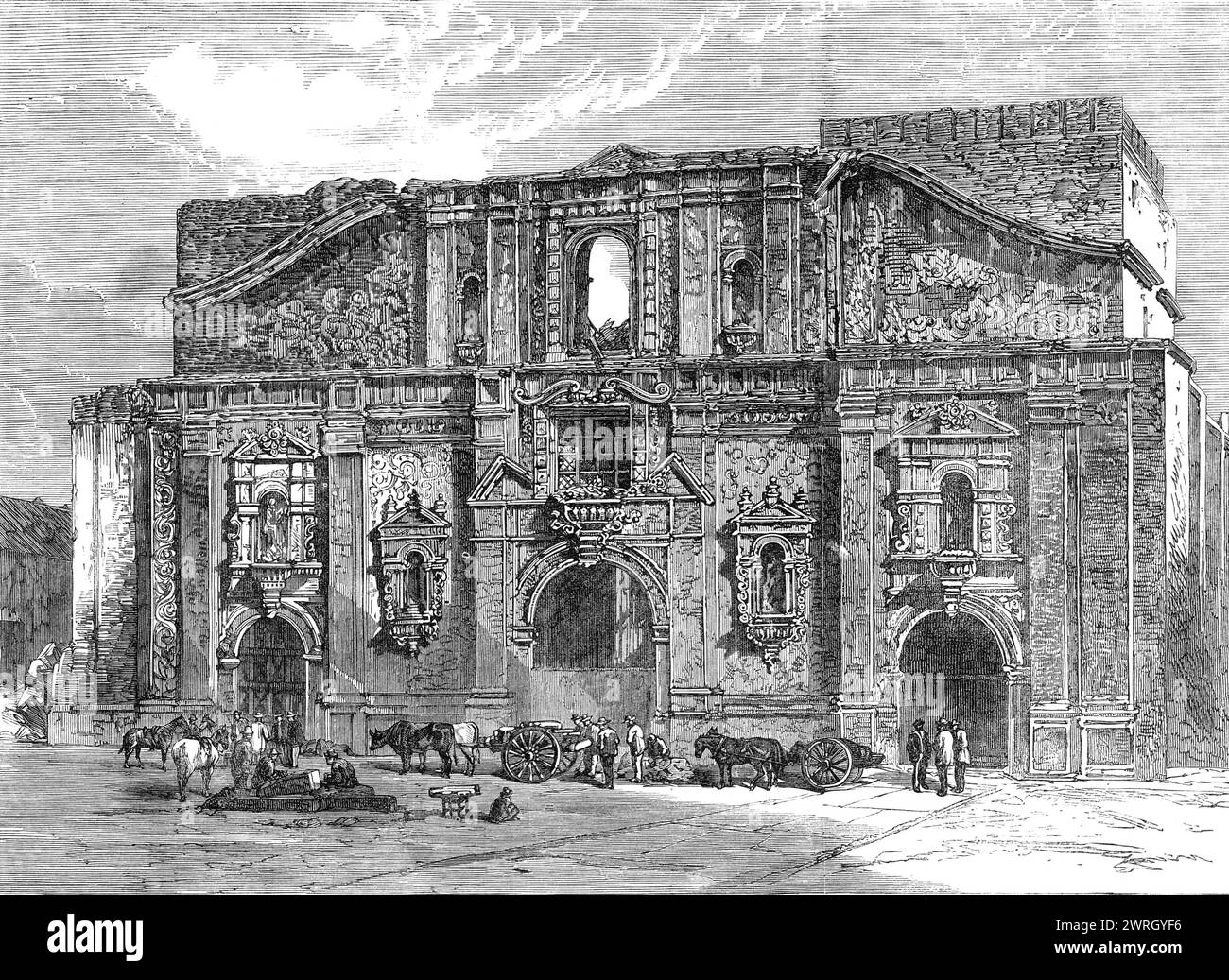 The terrible calamity in Santiago, Chili: ruins of La Compania [Compa&#xf1;&#xed;a] Church, 1864. Engraving of a photograph by Thomas Columbus Flelsby, of '...one of the most heartrending catastrophes ever recorded...On the 8th of December last the Church...took fire, and of the congregation...two thousand persons, mostly women, were burnt to death...[the church was] sumptuously decorated, whilst many thousand lights, tapers, and paraffin lamps, hung in festoons...illumined with a dazzling splendour the interior...The walls...were covered with rich drapery, and to this circumstance is in a gre Stock Photo