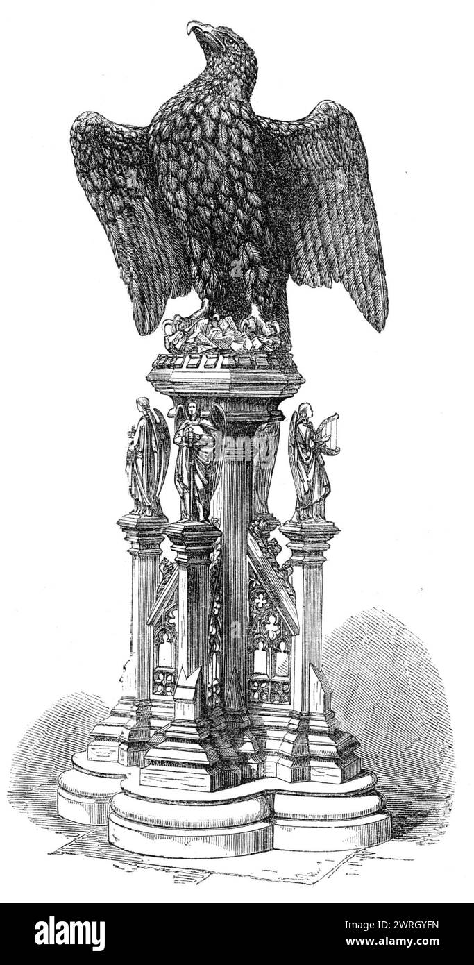 The Eagle lectern in New College Chapel, Oxford, 1864. 'An Eagle Lectern...has recently been presented to New College by the Senior Fellow, the Rev. W. Bigg Wither. It is the work of an amateur, the Rev. R. Baker, of Hargrave, Northamptonshire, Curate of Shelton, Bedfordshire, who exercises his art for the benefit of the restoration-fund of Hargrave Church. The bird is studied from the living eagle, and is almost a reproduction of the one exhibited in the International Exhibition of 1862. The lectern was designed by Mr. E. F. Law, of Northampton, and was highly appreciated by the committee of Stock Photo