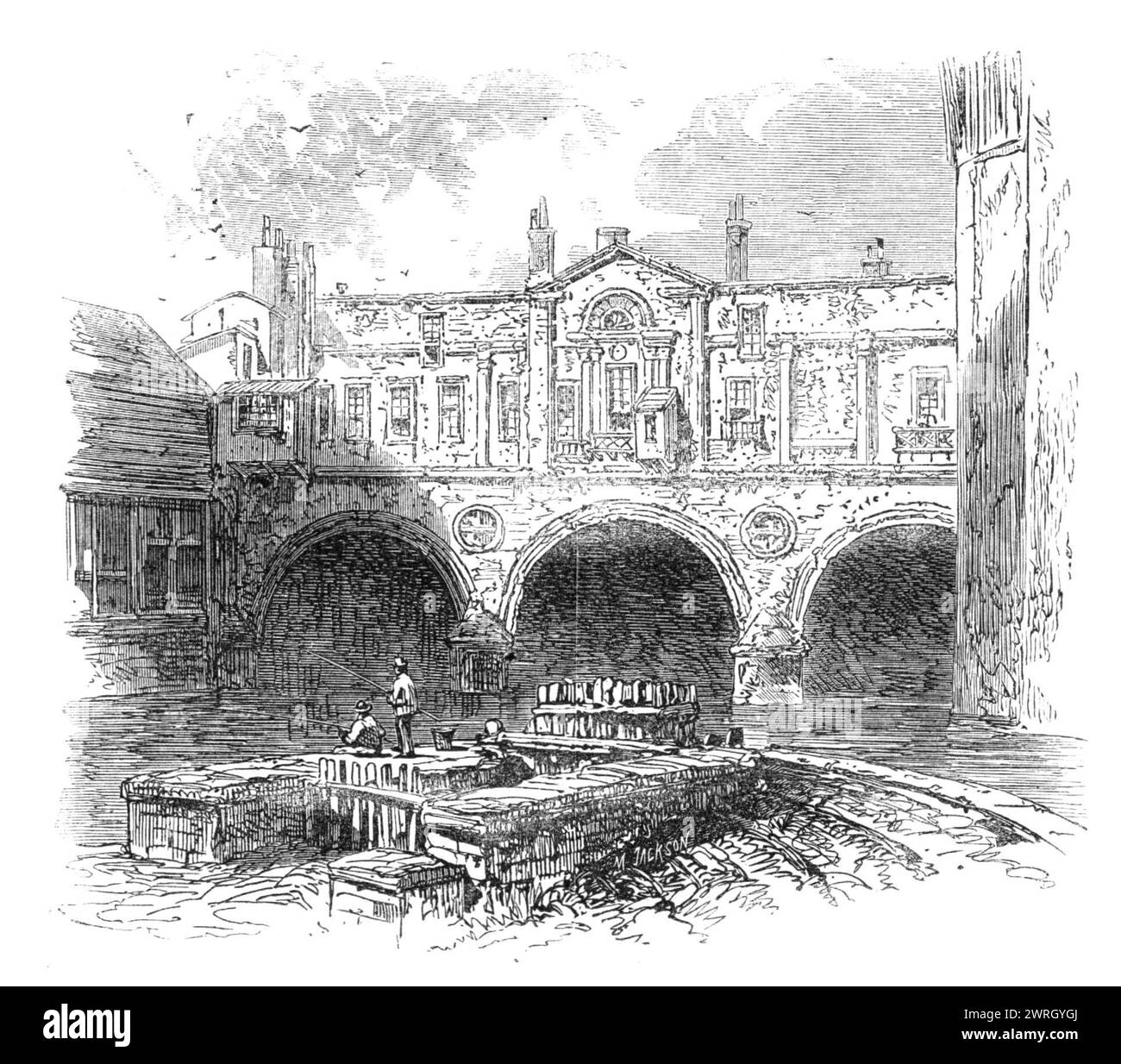 The British Association at Bath: Pulteney-bridge, 1864. 'This remarkable bridge, built in 1770, is named from its giving access to Pulteney-street and the buildings which were just then commenced in Bathwick parish. From the parallel lines of houses which are built on either side of it, and the uninterrupted level of the streets which it connects, a stranger would pass along Bridge-street unconscious of his crossing the Avon which flows beneath him. It is from below that the character of the bridge - as in our Illustration - is seen to advantage. It may be styled the Rialto of Bath, and has a Stock Photo