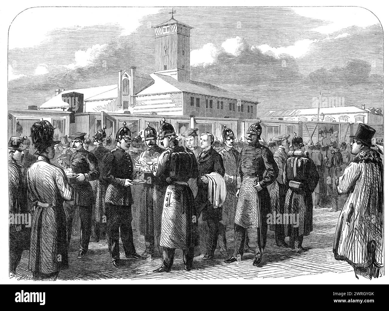 The War in Denmark: Prussian troops leaving Altona for Schleswig - the officers taking a hasty meal at the railway station, from a sketch by our special artist, 1864. 'Under the impression that the allied army is now taking possession of Schleswig to deliver it up to the Prince of Augustenburg, a change in the public feeling in Holstein has, we learn, taken place since it was known that the troops had crossed the Eider. This change is nowhere more conspicuous than in Altona, where the Prussians and Austrians were at first received, not only with coolness and suspicion, but in many of the stree Stock Photo