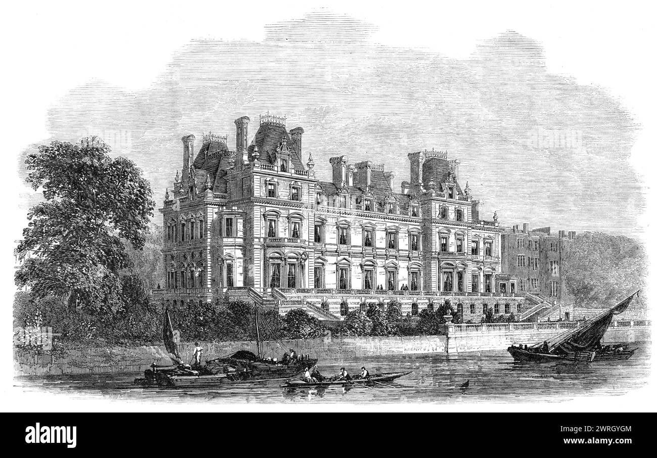Montagu-House, Whitehall, [London], the residence of the Duke of Buccleuch, 1864. 'We give a View of the river front of this noble mansion, the exterior of which is now almost complete, having taken about five years in building. The architect is Mr. W. Burn, of No. 6, Stratton-street, Piccadilly; the contractors, Messrs. Holland and Hannen. The edifice is in the Franco-Italian style, with those tall, steep roofs which may often be seen in the old chateaux of some provinces of France, and which have been imitated in the Louvre and elsewhere in modern times. The building is entirely faced with P Stock Photo