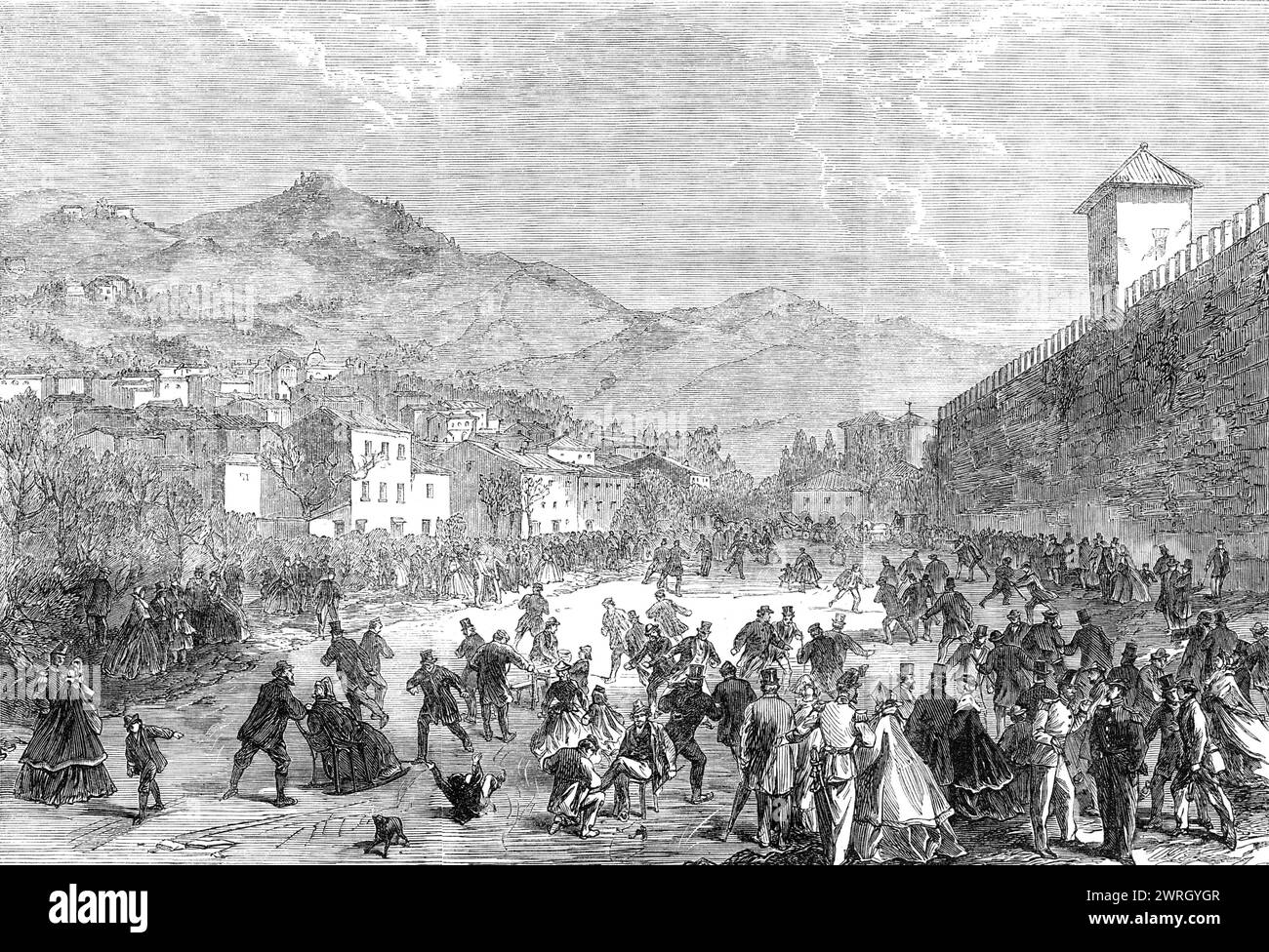 Skating at Florence, 1864. Engraving from a sketch by L. Caldesi. 'In Florence this year our English residents and visitors have been able to enjoy skating with as much zest as has been done on the ornamental waters in our metropolitan parks. From the 5th to the 20th January the thermometer was at 8 deg. (centigrade), and the Arno was almost completely frozen over. Such a cold season has not been known or felt by the Florentines for ten years; and it has been still more trying on account of a sharp easterly wind blowing for many days. As the Engraving shows, the place where the skating went on Stock Photo