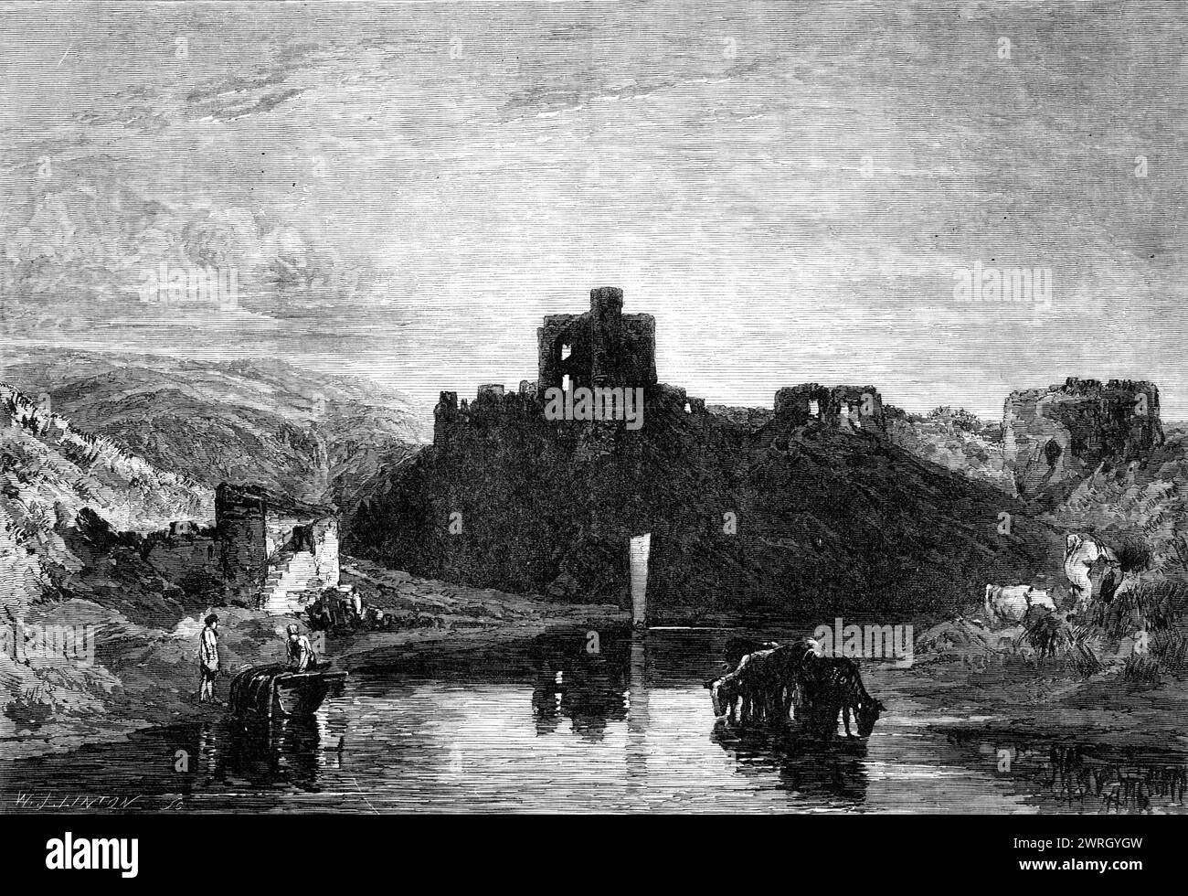 &quot;Norham Castle&quot;, from the photographed edition of the &quot;Liber Studiorum&quot;, by J. M. W. Turner, 1864. '...a photograph from any work of art...in which variety of colour is a prominent characteristic must be full of relative untruthfulness and can scarcely be other than inharmonious. Hence, photographs from the oil pictures and water-colour drawings of Turner...are to the last degree disappointing...On the other hand, photographs from rare proof engravings after, or monochrome drawings by, Turner, in which (as through the medium of photographs) colour does not interfere with th Stock Photo