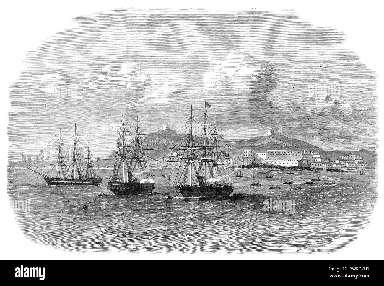 Embarkation at Cape Coast Castle of the troops recalled from the Ashantee War, 1864. Engraving from a sketch by Dr. Eames of H.M.S. Gladiator, showing '...the harbour or roads of Cape Coast Castle...The transport-vessel which awaits the boats, in readiness to convey the soldiery from this unhealthy station, is escorted by the Gladiator and Rattlesnake ships of war. The town consists, except a few European houses, of straggling lines of mud huts, with clusters of palm-trees and tamarind-trees; but the fortress, which is large and well-built, standing on a rock close to the sea, is the most cons Stock Photo