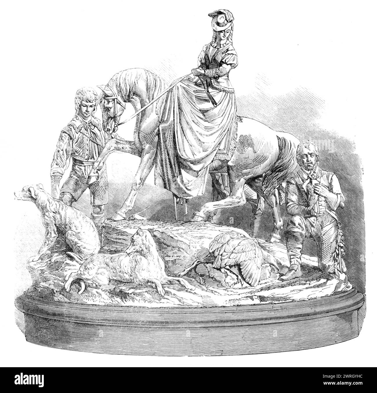 The Doncaster Race Cup, 1864. Horse racing trophy '...from the establishment of Messrs. R. and S. Garrard and Co., of the Haymarket. The design consists of a group of figures representing a hawking party in the time of the Cavaliers. The principal figure is a lady, who is on horseback; in the foreground is an attendant who has the charge of two dogs, and by the side of the lady is another attendant holding the hawk'. From &quot;Illustrated London News&quot;, 1864. Stock Photo