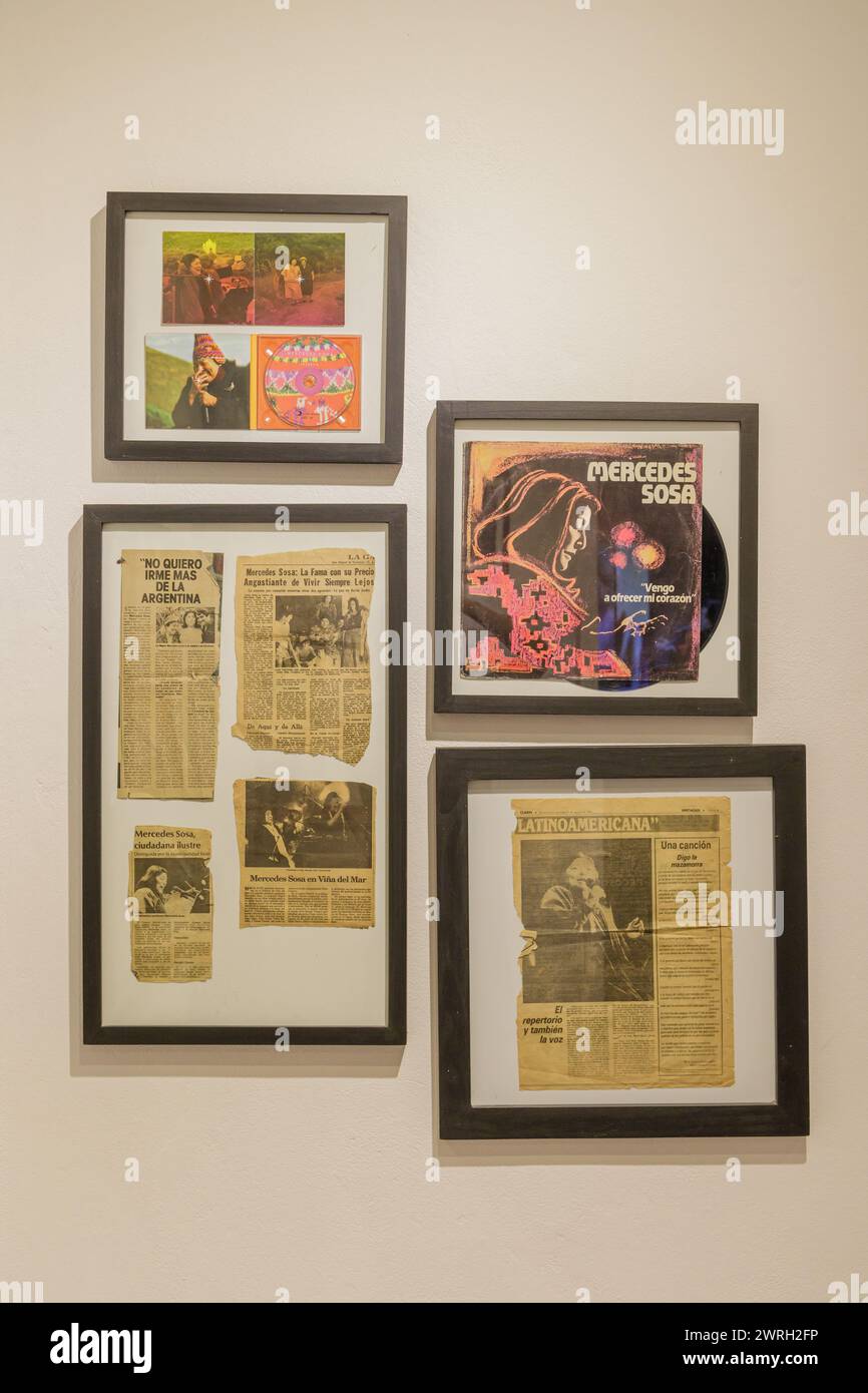 San Miguel de Tucuman, Argentina - January 18th, 2024: Wall with journalistic clippings by Mercedes Sosa in her museum. Stock Photo