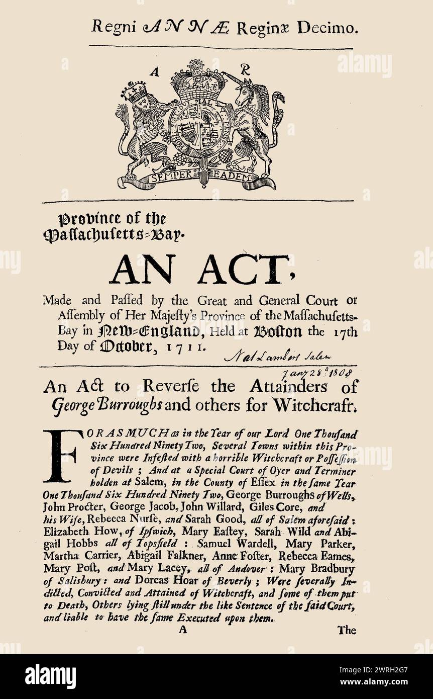 Regni Annae Reginae decimo. The 1711 act of the Massachusetts legislature to reverse the Salem witchcraft convictions, 1711. Private Collection Stock Photo