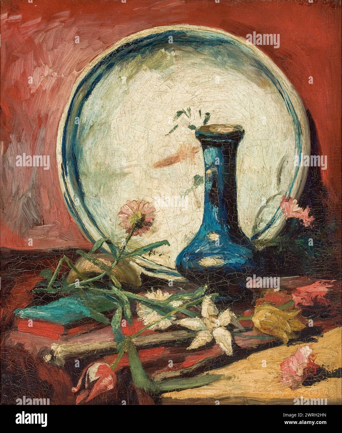 Still Life with Plate, Vase and Flowers, 1884-1885. Found in the Collection of the Museu de Arte de S&#xe3;o Paulo. Stock Photo